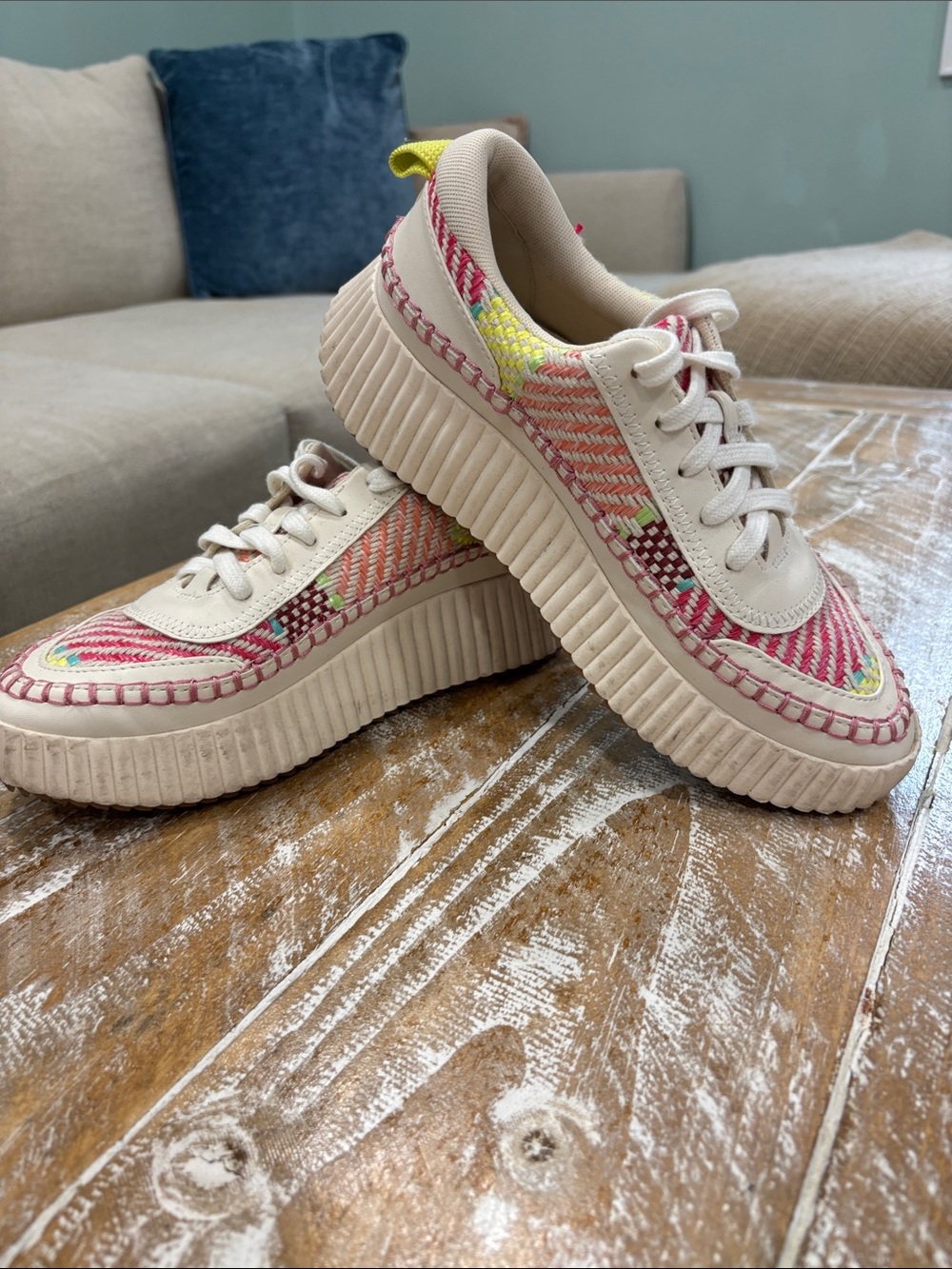 Dolce Vita Cream Woven Sneakers with Pink & Neon Yellow Accents